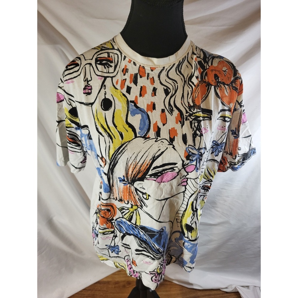 Zara Mens Size M Abstract Face Graphic Print T-Shirt Pop Art Casual Short Sleeve